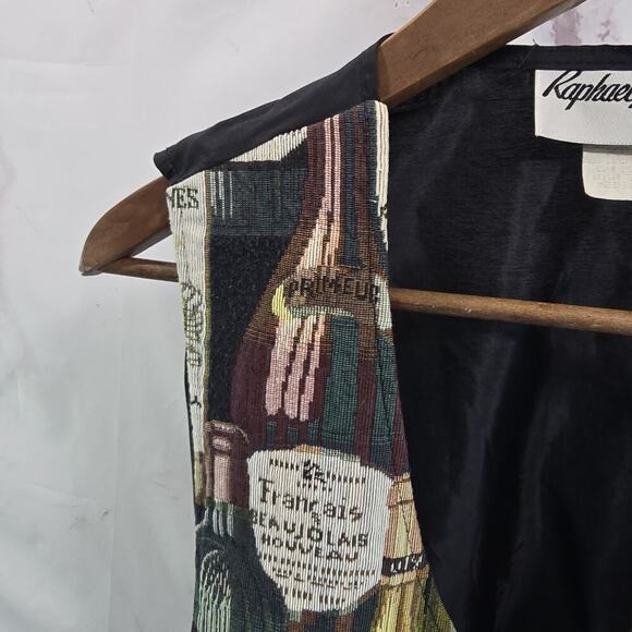 Vintage Tapestry Vest Womens Medium Wine Bottles Black Woven 90s 80s Carpet - Picture 2 of 10